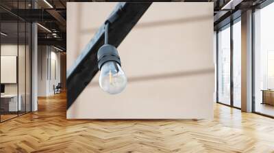 small exterior outdoor string light bulb with black base hanging upside down mounted to metal bar post turned off with wall behind Wall mural