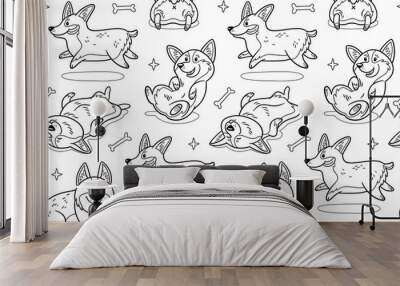 Corgi seamless pattern in outline. Funny background with cartoon dogs Wall mural