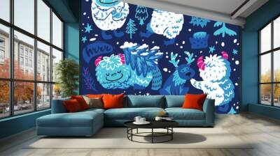 Cute cartoon style yetis and woodland elements. Vector set Wall mural