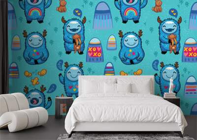 Cute monsters seamless pattern on a blue background. Vector cartoon characters with blue yetis fun and play Wall mural