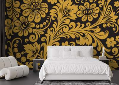 Folk Khokhloma painting from Russia in black and golden colours Wall mural