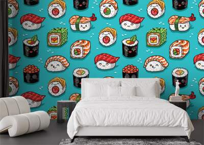 Seamless pattern of japanese sea food in kawaii style. Vector illustration Wall mural