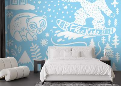 Winter hand drawn elements collection. Ski resort. Chalet, mountains and forest animals. Vector illustration Wall mural