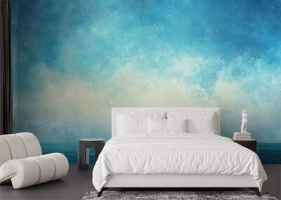 A panoramic view of the blue sky fading into a starry galaxy, with the horizon painted in soft pastel colors. Wall mural