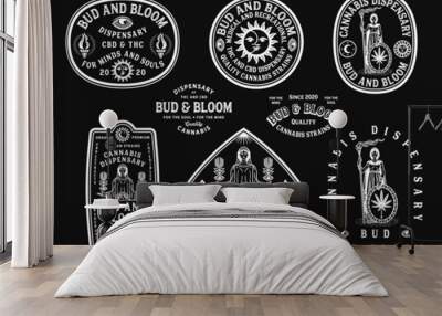 Bud and Bloom white vector cannabis badges on a black background Wall mural