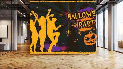 Poster or flyer for Halloween party. Silhouette of dancing people in a nightclub. Cartoon Ghost, shadow, pumpkin and spider. Background with web, apparition, spook, horror. Scary fairy. Vector. Wall mural