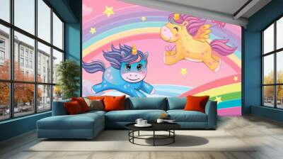 Set funny small unicorns. Cute little pony or horse. Fairytale background with rainbows and animals. Fabulous landscape. Children's wallpaper. Cartoon illustration. Wonderland. Toy or doll. Vector.  Wall mural