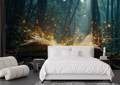 Magic book in the forest with magical golden rays. fairytale fantasy world coming out of an opened book. enchanted fairy forest landscape. Fantasy background. Wall mural