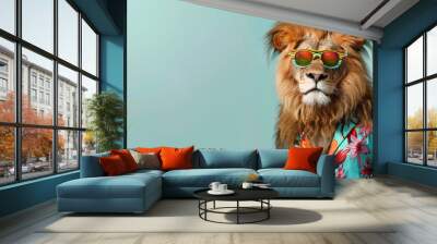 Stylish lion wearing sunglasses and summer clothes on light blue background. Funny pop art of animals Wall mural