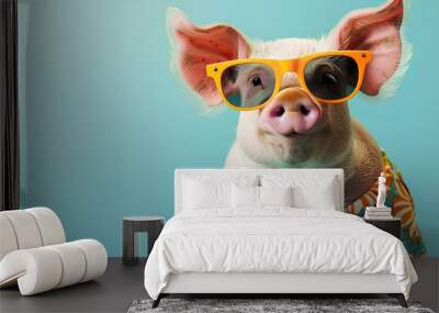 Stylish pig wearing sunglasses and summer clothes on light blue background. Funny pop art of animals. Wall mural