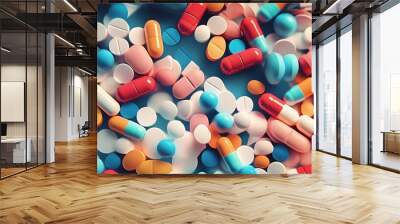 A close-up shot of colorful capsules and pills on a blue background. Wall mural