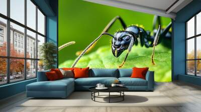 A close-up view of a black ant standing on a green leaf. Wall mural