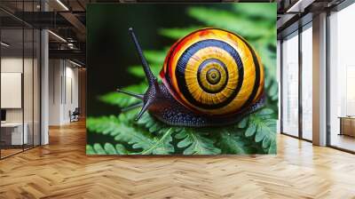 A colorful snail with a black, yellow, and red shell crawls on a green fern leaf. Wall mural