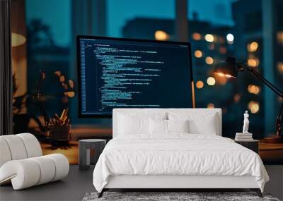 A computer monitor displays code in a dimly lit room with desk lamp on, night view of city lights. Wall mural