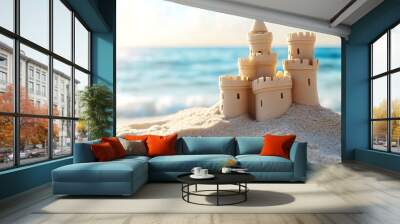 A detailed sandcastle with a majestic tower sits on the beach. The ocean in the background is a beautiful blue with whitecaps. Wall mural