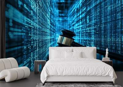 A gavel sits in front of a digital background, symbolizing the impact of technology on law. Wall mural