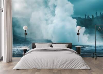 A geyser erupts with steam billowing into the sky. Wall mural