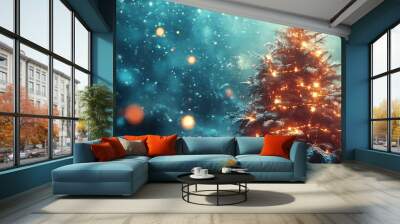 A glowing Christmas tree in a snowy forest. Wall mural