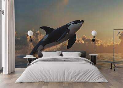 A killer whale leaps from the water towards a dramatic sunset sky. Wall mural