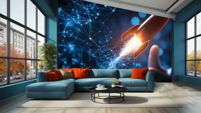 A red rocket ship taking off through a blue network of lines and dots. Wall mural