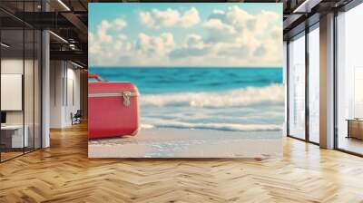 A red suitcase on the sandy beach with blue ocean water and a bright sky. Wall mural