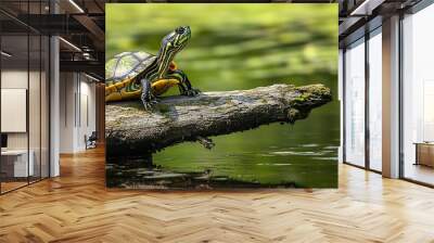 A small turtle with a green shell sits on a log over a pond. Wall mural