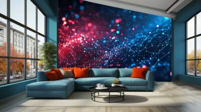 Abstract background with red and blue glowing particles and lines. Wall mural