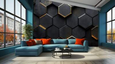 Abstract black and gold hexagon pattern background. Wall mural