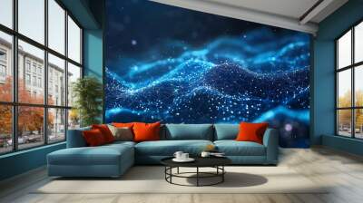 Abstract blue digital wave with glowing particles. Wall mural