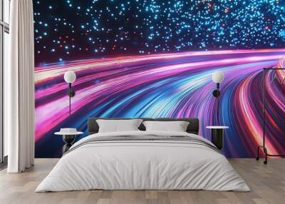 Abstract neon light trails with blue and pink colors. Wall mural