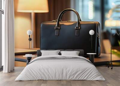 Black leather briefcase on a desk with a laptop and a lamp. Wall mural