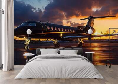 Black private jet parked on tarmac at sunset. Wall mural