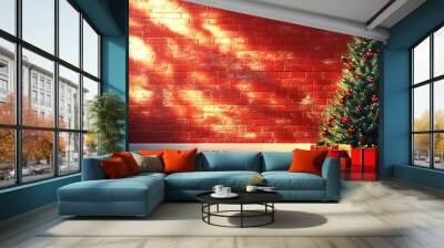 Christmas tree with red ornaments and presents in front of a brick wall. Wall mural