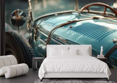 Close up of a vintage blue car with leather straps. Wall mural