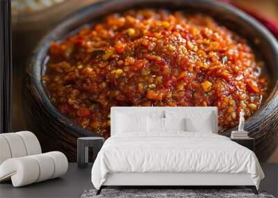 Close-up of spicy chili paste in a wooden bowl on a wooden table. Wall mural