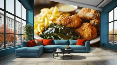 Crispy fried chicken with collard greens and fries on a white plate. Wall mural