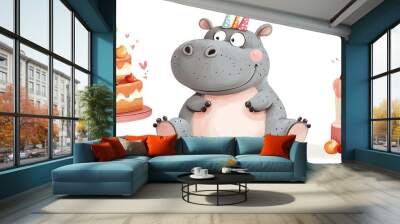 Cute cartoon hippopotamus celebrating birthday with two cakes. Wall mural