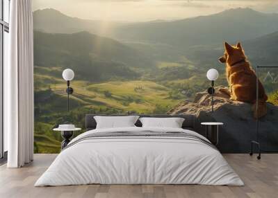 Dog sits on a rock overlooking a mountain range at sunset. Wall mural