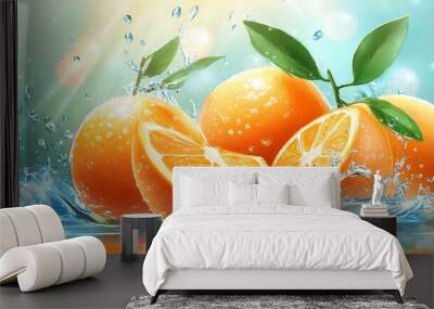 Fresh oranges in a splash of water. Wall mural