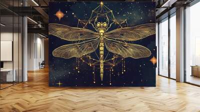 Golden dragonfly with geometric pattern and stars in the cosmic background. Wall mural