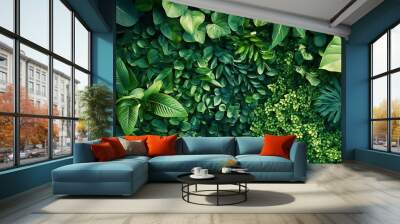 Lush green foliage background with various leaf shapes and textures. Wall mural