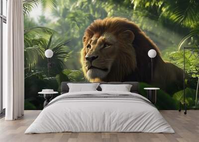 Majestic lion with a golden mane, looking to the left, in a lush green jungle setting, bathed in sunlight. Wall mural