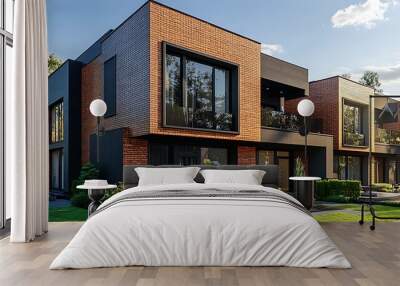 Modern townhouse complex with brick facade, large windows, and lush green landscaping. Wall mural