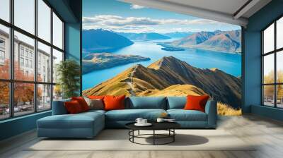 Mountain trail overlooking blue lake with islands and distant mountains. Wall mural