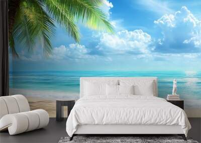 Palm tree on a tropical beach with blue ocean and cloudy sky. Wall mural