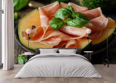 Prosciutto and melon slices arranged on a plate, garnished with fresh basil leaves. Wall mural