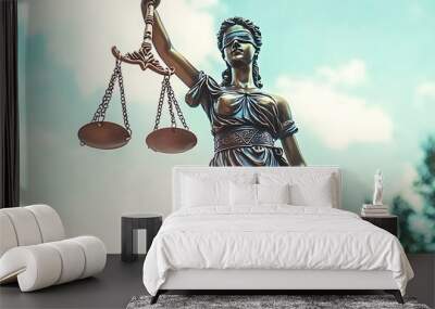 Statue of Lady Justice holding scales of justice and a sword, against a blue sky with clouds. Wall mural