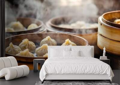 Steaming, freshly made dumplings in bamboo baskets. Wall mural