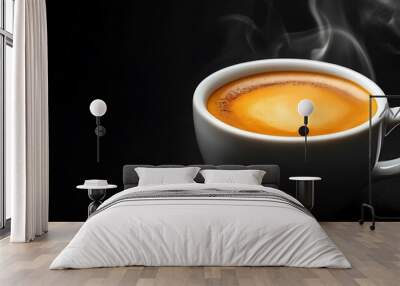 Steaming cup of espresso coffee on a black background. Wall mural