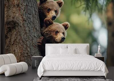 Two brown bear cubs climbing a tree trunk in a forest. Wall mural